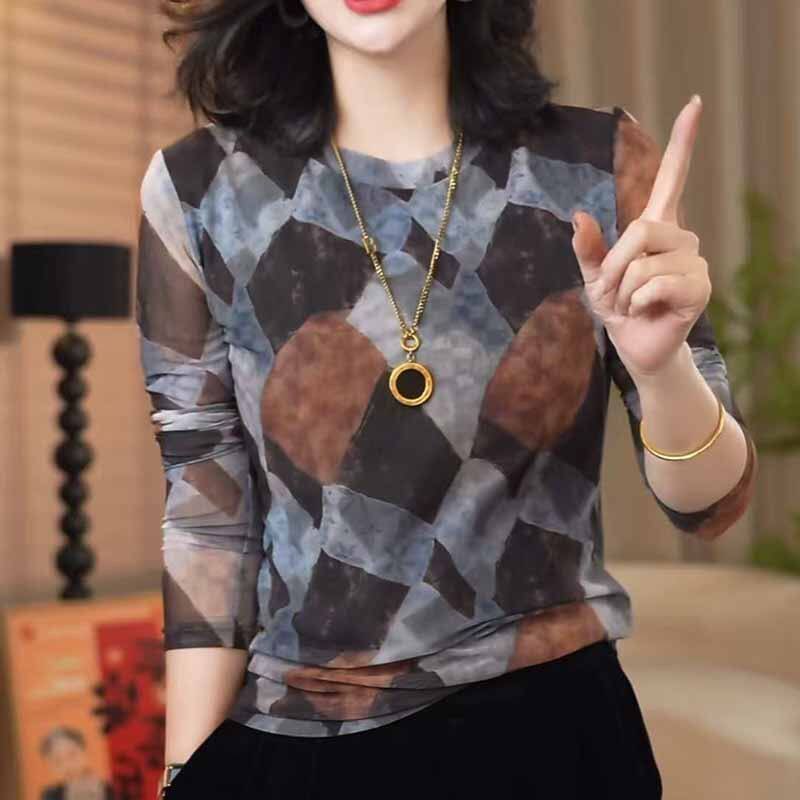 中老年女装气质印花小衫宽松遮肉弹力网纱长袖T恤妈妈秋装上衣女