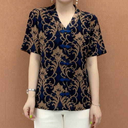 夏季新款时尚V领印花盘扣短袖T恤小衫女减龄显瘦上衣中老年妈妈装