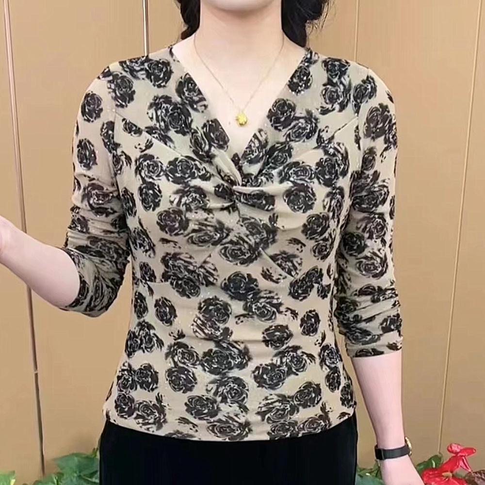 春夏季新款深色打底V领长袖弹力气质中年女上衣时尚T恤妈妈