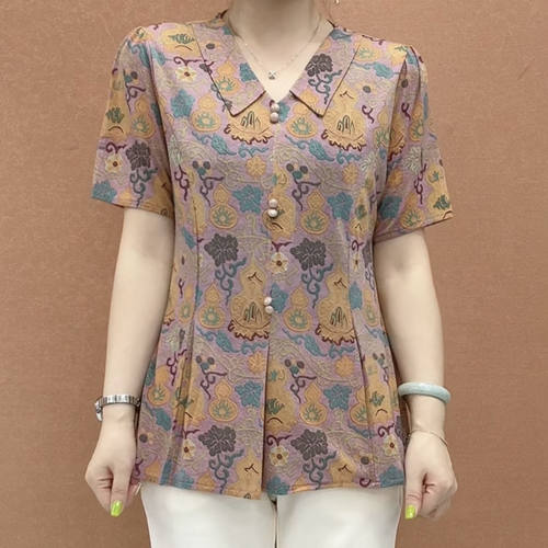 夏季新款时尚百搭短袖翻领印花T恤小衫女减龄显瘦上衣中年妈妈装