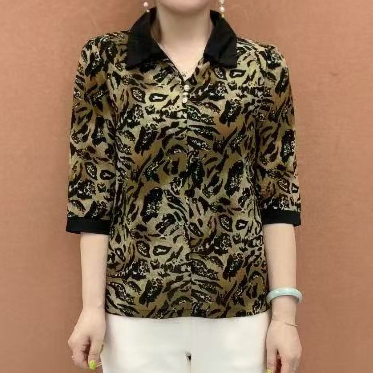 夏季新款时尚翻领印花中袖T恤小衫女士减龄显瘦上衣中老年妈妈装