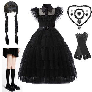 亚当斯一家星期三黑色连衣裙 女童蛋糕裙cos万圣节黑暗系优质长裙