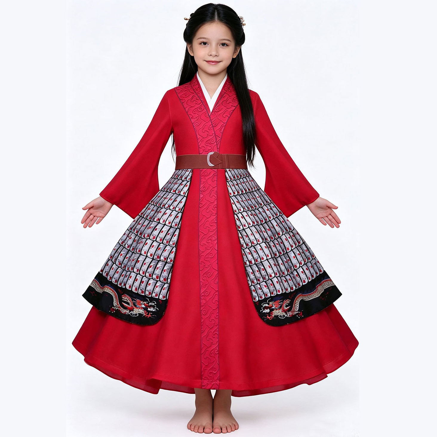 花木兰女童汉服红色铠甲连衣裙图片