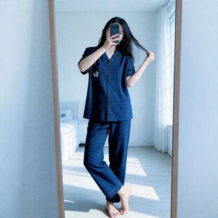 2026新款女装夏季短袖长裤格子睡衣套装休闲家居服舒适透气