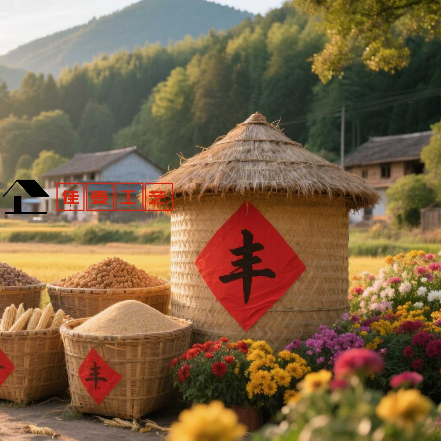 稻草工艺品农民丰收场景真粮仓，谷仓粮仓大型造型摆件