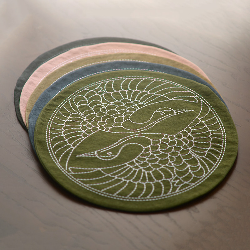 谈得来茶事刺绣瑞鹤图扎染帆布圆茶席复古布艺茶垫中式餐桌垫新品