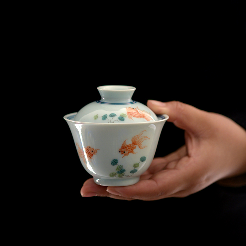 手绘古风矾红金鱼草木灰陶瓷茶具