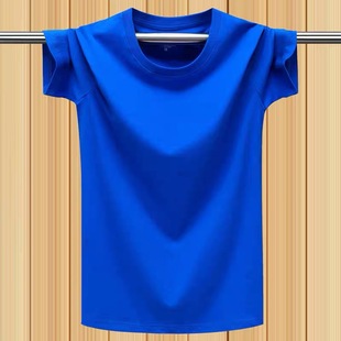 夏季弹力薄款2025短袖T恤宽松大码纯色半袖体恤男 克莱因蓝