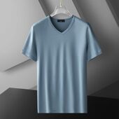 t恤男2025新款 春夏季 冰丝纯色弹力大码 短袖 V领体恤衣服半袖 潮牌