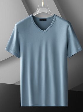 短袖t恤男2025新款春夏季冰丝纯色弹力大码V领体恤衣服半袖潮牌