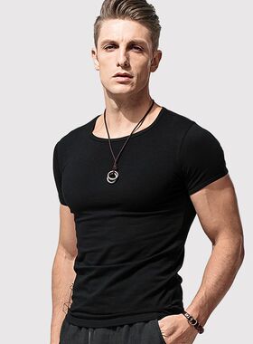 夏季短袖t恤男士纯色修身体恤纯黑白色紧身打底衫半袖上衣服潮流