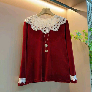 胖妹妹时尚 冬季 女装 大码 蕾丝拼接丝绒洋气百搭高级感显瘦上衣 新款