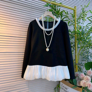 胖mm减龄显瘦小衫 女装 名媛范圆领钉珠拼接鎏金纱上衣大码 欧货时尚