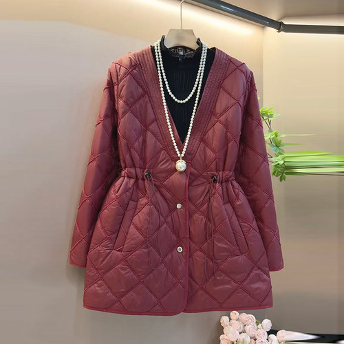 欧货压格V领收腰显瘦薄棉外套新