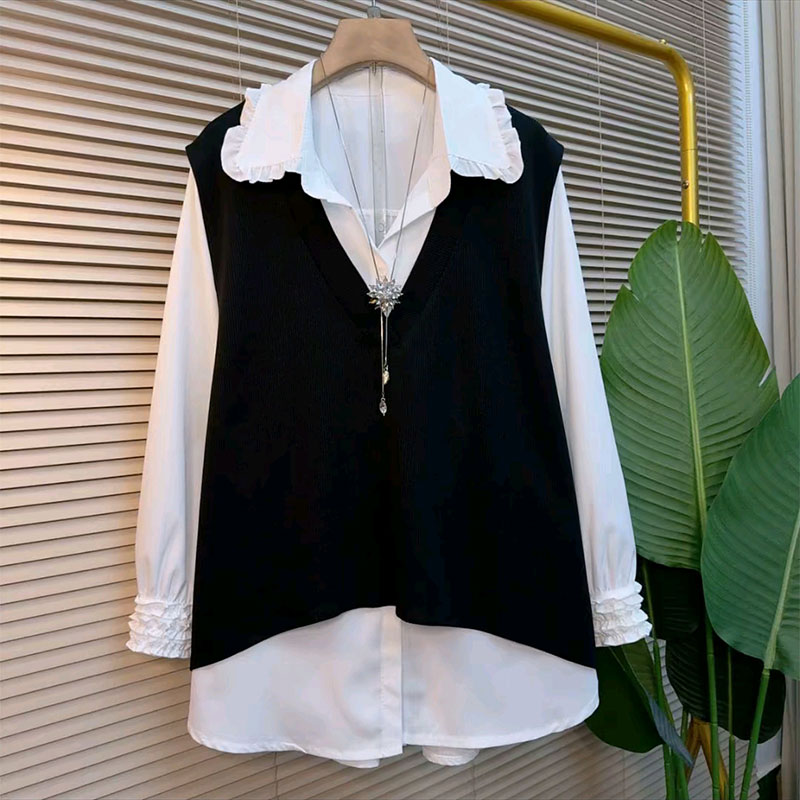 木耳花边气质衬衫套头马甲两件套