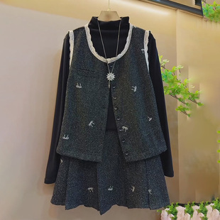 女装 小香风蝴蝶结设计感打底衫 时尚 韩版 马甲百褶裙三件套 新款 大码