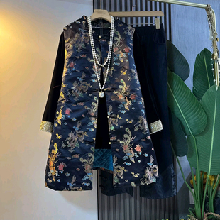 时尚 胖MM新中式 复古盘扣加棉长马甲开衫 打底大码 2025冬季 女装 新款