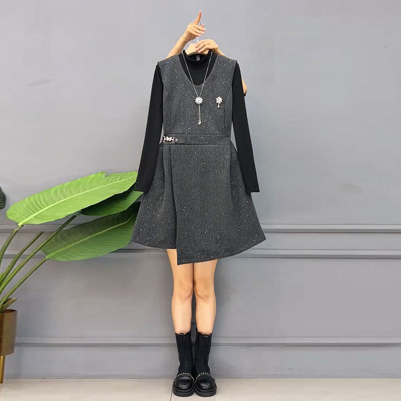 打底衫细闪马甲裙复古两件套