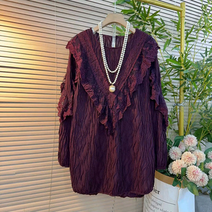 女装 拼接蕾丝荷叶边大衫 2025秋季 韩系时尚 胖mm洋气上衣女 新款 大码