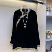 新款 中长款 国风盘扣大衫 2026春季 复古大码 女装 上衣胖mm显瘦丝绒衫