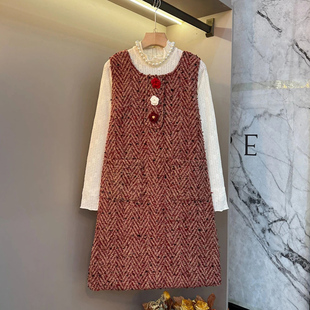 花朵马甲裙 背心裙钉珠打底两件套胖MM显瘦新款 复古小香风大码 女装