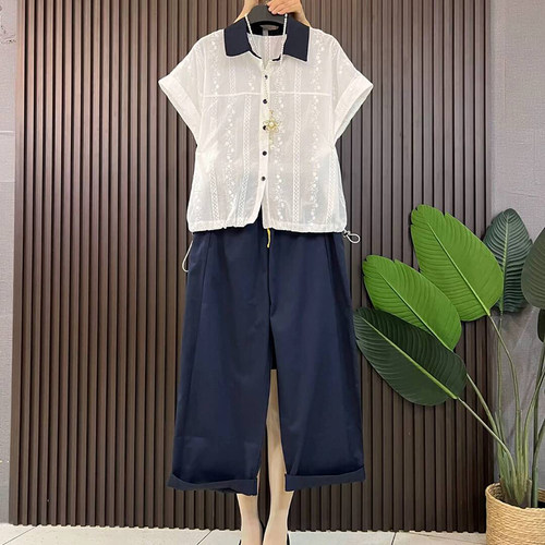 大码女装棉麻刺绣衬衫休闲裤套装