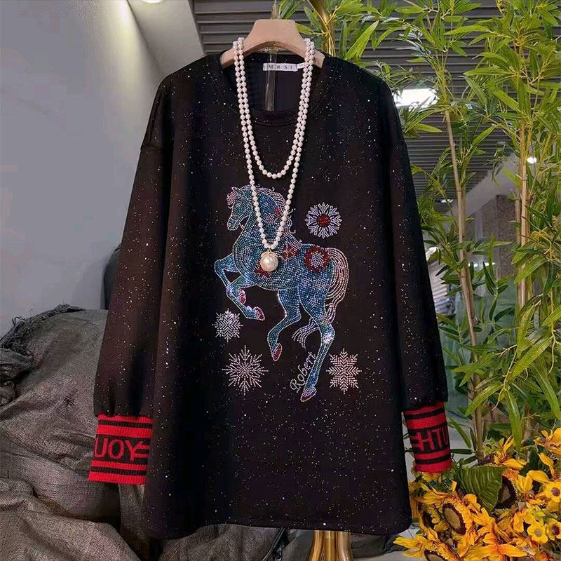 时尚韩版休闲卫衣胖妹妹大码女装冬季新款百搭亮钻小马打底上衣女,女装/女士精品,大码内搭,淘宝优惠券,粉丝福利购,淘宝优惠卷