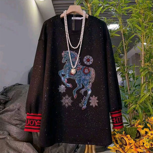 韩版 新款 休闲卫衣胖妹妹大码 冬季 百搭亮钻小马打底上衣女 女装 时尚