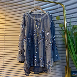 胖MM显瘦圆领上衣减龄大码 亮片大衫 女装 长袖 2025新款 遮肉衬衫 时尚