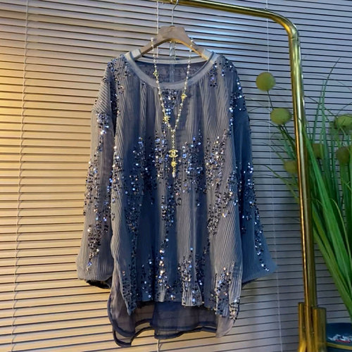 新款大码女装圆领长袖亮片大衫