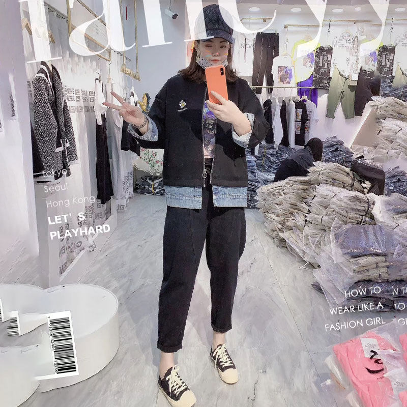 胖妹妹牛仔拼接卫衣外套春季大码女装新款韩版夹克上衣