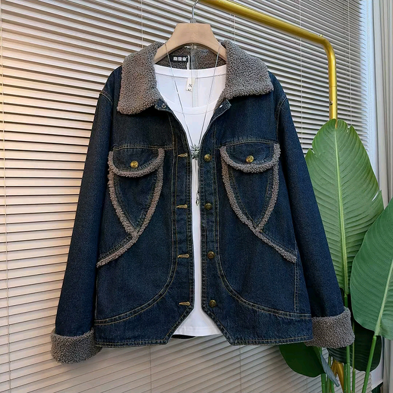 冬季大码女装翻领加绒牛仔外套