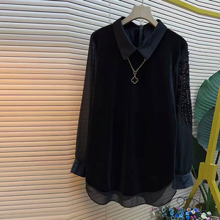 拼接丝绒洋气百搭上衣胖妹妹大码 衬衫 女装 秋季 时尚 新款 复古打底衫