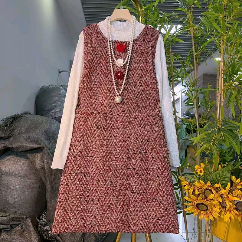 时尚条纹马甲裙百搭蕾丝衫套装女