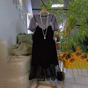胖妹妹大码女装春季新款欧货时尚微透短袖拼接假两件设计感连衣裙