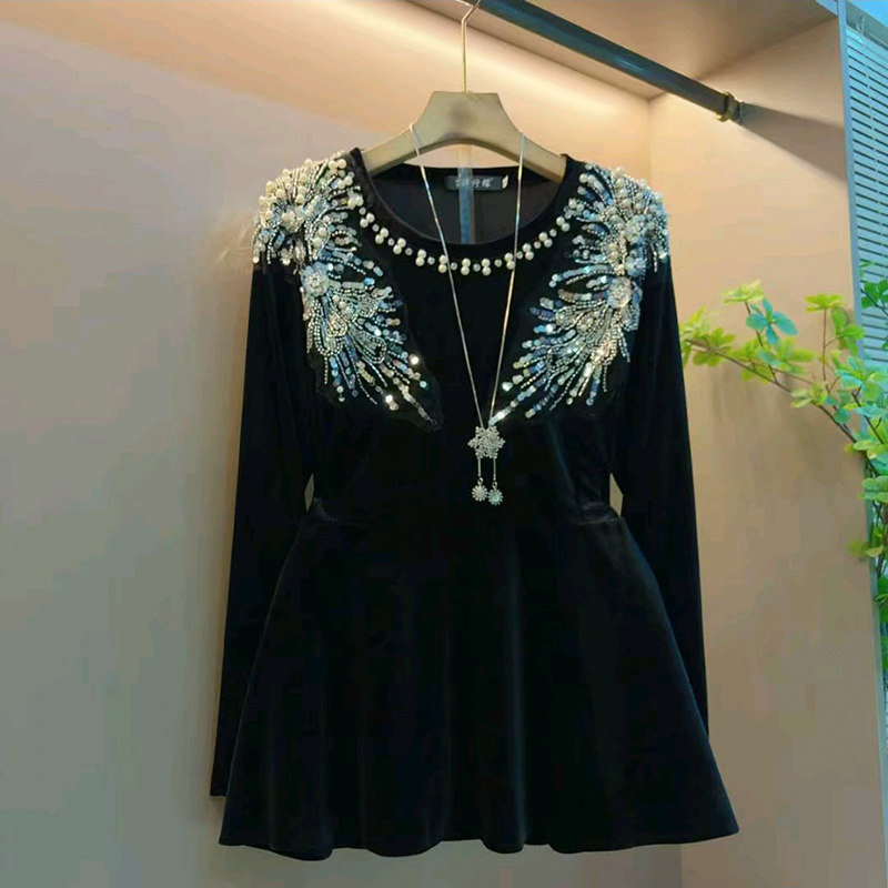 重工钉珠亮片大花大码女装上衣