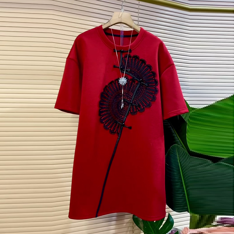 蕾丝拼接大码女装不规则T恤衫