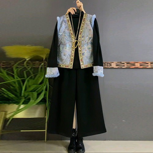 国风马甲拼袖打底裤子套装