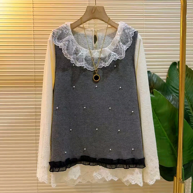 时尚钉珠马甲搭配蕾丝打底两件套