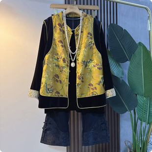 时尚 胖mm裤 复古国风盘扣拼接马甲大码 打底衫 子潮 女装 2025早秋新款