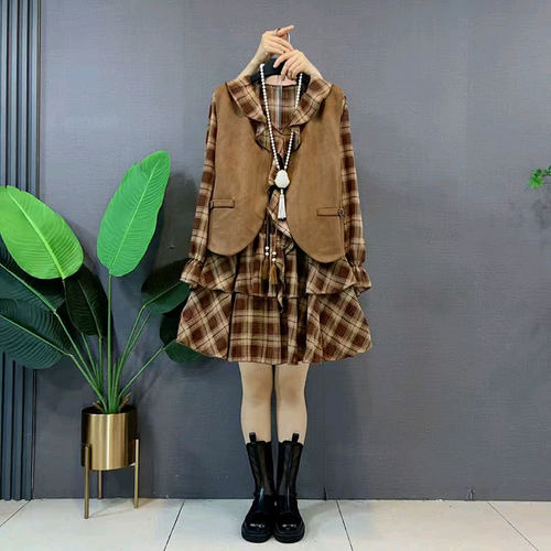 秋季新款潮美拉德马甲连衣裙套装