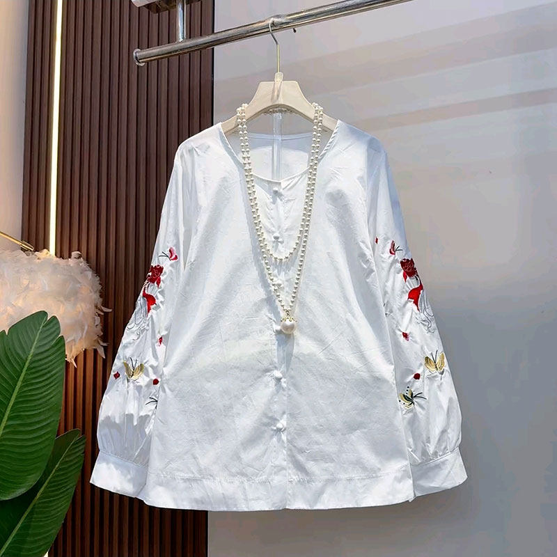 2026春新款欧洲站气质国风鲤鱼刺绣衬衫大码女装胖mm宽松显瘦上衣,女装/女士精品,大码内搭,淘宝优惠券,粉丝福利购,淘宝优惠卷