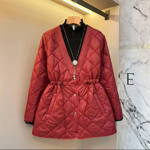 打底衫 欧货V领抽绳菱格夹棉棉服外套2025新款 胖妹妹长袖 女装 大码