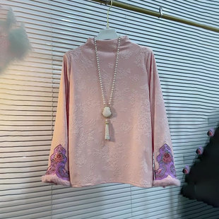 胖mm长袖 国风拉绒半高领打底衬衫 冬季 女装 宽松洋气显瘦上衣 大码