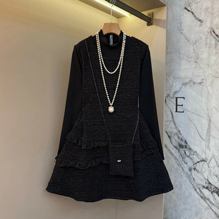 女装 小香风荷叶边马甲裙长袖 胖妹妹大码 新款 气质显瘦套裙 内搭套装