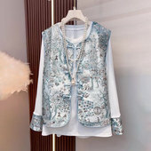 重工上衣套装 胖妹妹欧洲站气质国风织金马甲2025春季 女装 大码 新款