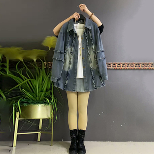 新款 牛仔衬衫 大码 时尚 中长宽松百搭水洗洋气外套 女装 胖mm2025冬季