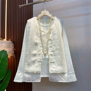 潮 女装 高级感国风重工拼接马甲圆领提花打底衫 胖妹妹气质马夹大码