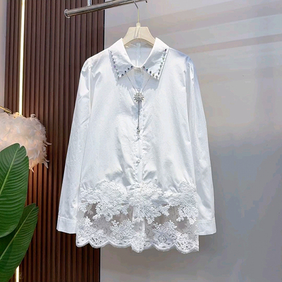 时尚气质糖果色拼接蕾丝钻领衬衫