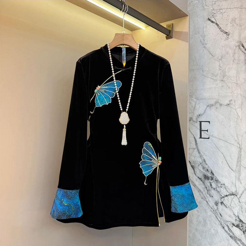 新款新中式国风蝴蝶图气质显瘦丝绒上衣大码女装胖mm宽松遮肉大衫,女装/女士精品,大码内搭,淘宝优惠券,粉丝福利购,淘宝优惠卷